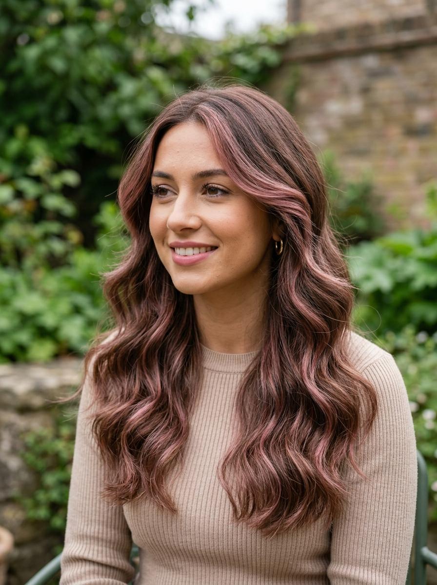Braune Haare mit pinken Highlights - pinke Strähnen Idee